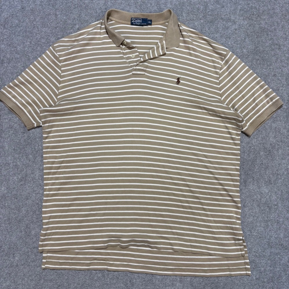 Polo Ralph Lauren Mens XL Tan White Striped Short Sleeve Pony Logo Polo Shirt